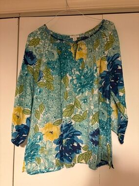 Charter Club Floral Linen Peasant Top in Aqua, Blue and Yellow